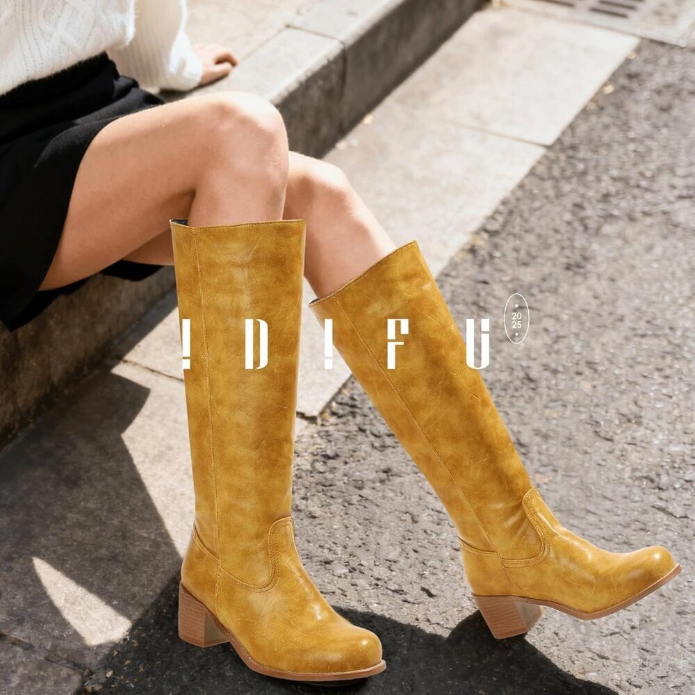 Women's Banana Yellow lDIFU Knee-High Square Toe Chunky Block Heel Riding Boots - Picture 4 of 6